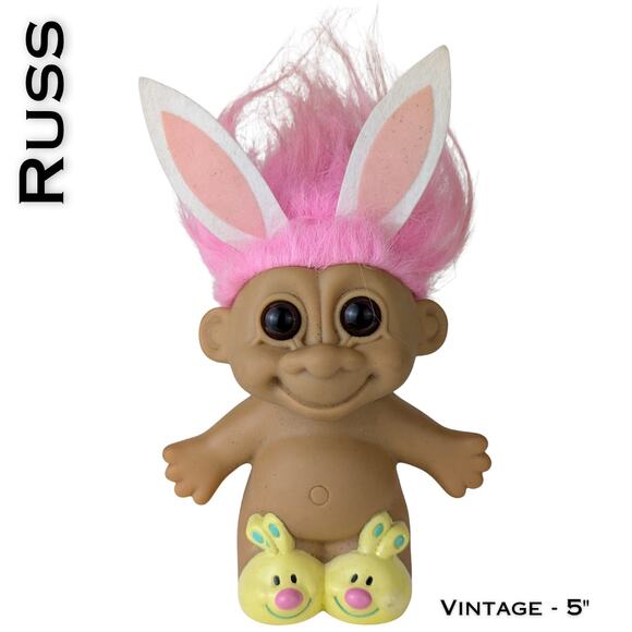 VTG Russ Easter Bunny Troll Doll 5" Girl Pink Hair Ears Yellow Bunny Slippers - Picture 1 of 6